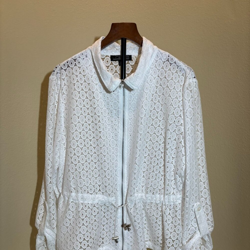 Linear Lace Draw String Long Sleeve White Blouse Size XL